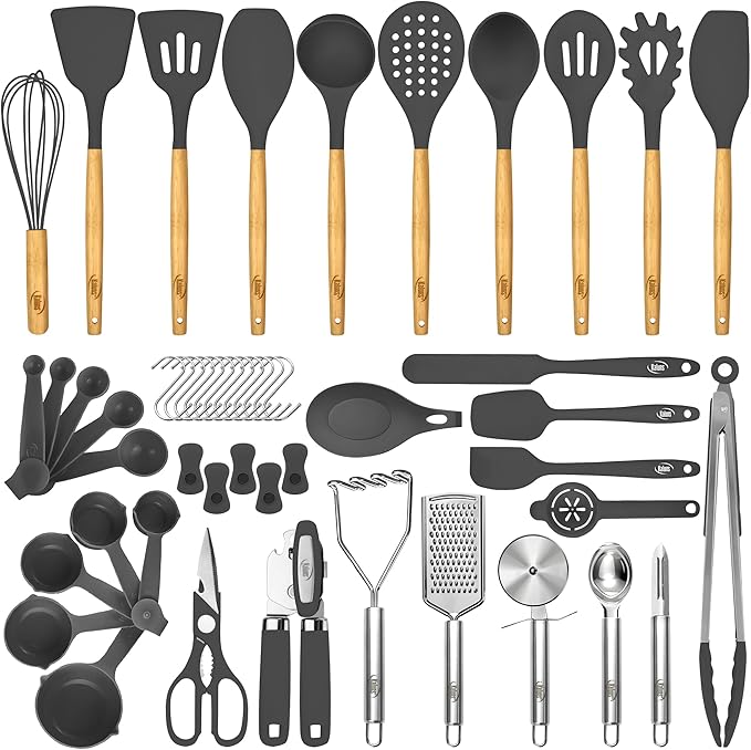 Kaluns 50 PCS Silicone Kitchen Utensils Set Complete Kitchen Set - 800°F Heat Resistant Non-Stick Premium Cooking Utensils W Wooden Handles - Can Opener Masher Turner Silicone Spatula Set