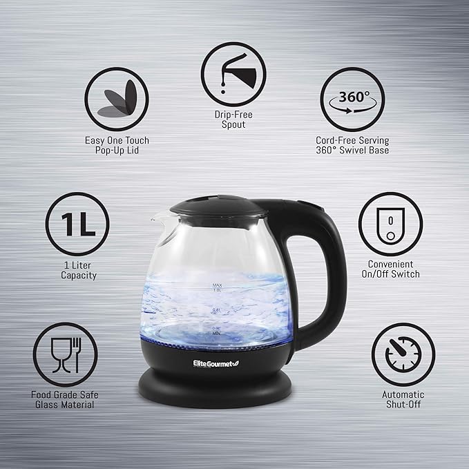 Proctor Silex 4 Slice Toaster with Extra Wide Slots Black (24215PS) &amp Elite Gourmet EKT1001 Electric BPA-Free Glass Kettle Black 1L