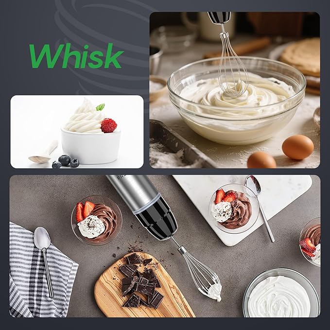 FRESKO Immersion Blender Handheld 4-in-1 Stainless Steel Hand Electric Stick Mixer with 12-Speeds &amp Turbo Mode Powerful 500W Emulsion Blender with Beaker Chopper &amp Whisk