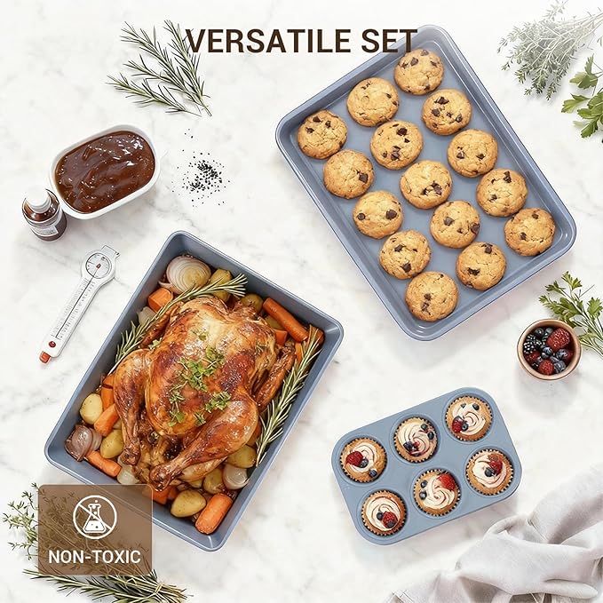 Ammeloo 21pcs Ceramic Pots and Pans Set Non Stick with Detachable Handles and Egg Frying Pan &amp 22-Piece Baking Pans Set Stackable Bakeware