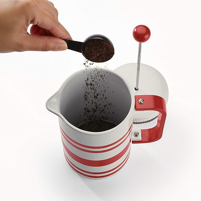 BonJour 47040 Hot Beverage Ceramic French Press Coffee Maker with Flavor Lock Filter and Bamboo Handle - 32 Ounce Red Stripes