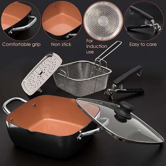 Moss &amp Stone 5 Pcs Copper Chef Cookware Set 9.5” Non Stick Deep Frying Pan Fry Basket Steamer Rack Dishwasher &amp Oven Safe Induction Copper Cookware Set Bundle With Square Grill Pan For In