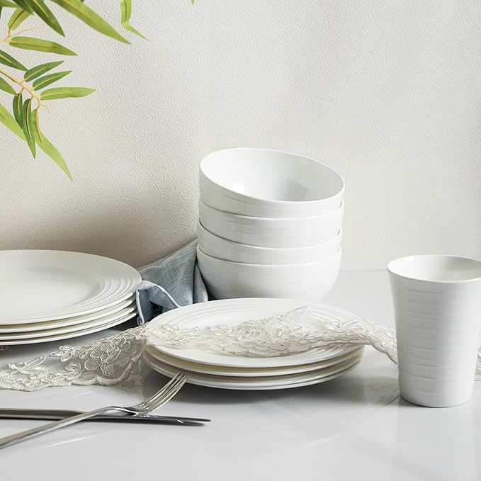 Stone lain Bone China Round Swirl Design 32 Piece Dinnerware Set White