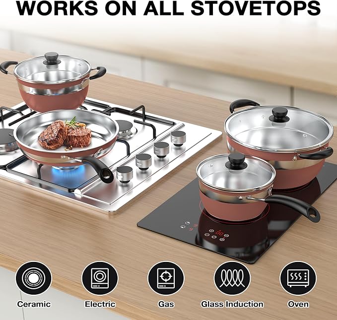 VBGK Pots and Pans Set Stainless Steel Cookware Set 10 PieceNon Toxic Kitchen Induction Cookware SetKitchen Cooking Set with Tempered Glass lid &amp Stay-Cool HandleDishwasher Oven SafeStackable