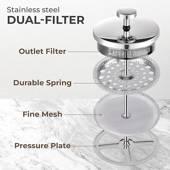 Kaffe Glass French Press Coffee Maker (27oz / 0.8L) - Double-Wall Insulated Borosilicate Glass Coffee Press - Travel &amp Camping - Homemade French Press Coffee
