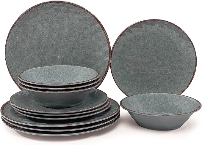 LEHAHA Rustic Farmhouse 12 Piece Melamine Camping Dinnerware Set Plates and Bowls Sets Indoor and Outdoor Use Lightweight and Unbreakable Kitchen dishes Set for 4(Grey)