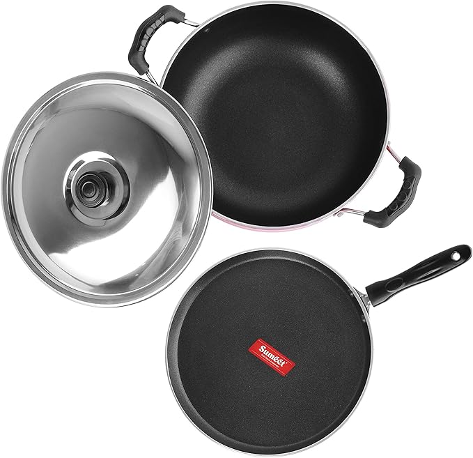 Sumeet Ruby Aluminium Dosa Tawa Kadhai With Lid 1.5 L 1 Dosa Tawa1 Kadhai With Lid (Red)