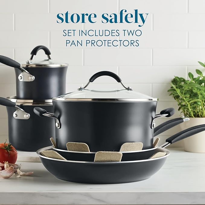 Rachael Ray Cucina Ceramic Nonstick Pots and Pans Set with Saucepans Frying Pans Stockpot Lids and Pan Protectors 10 Piece Non Stick Cookware Set Dishwasher Safe - Peppercorn