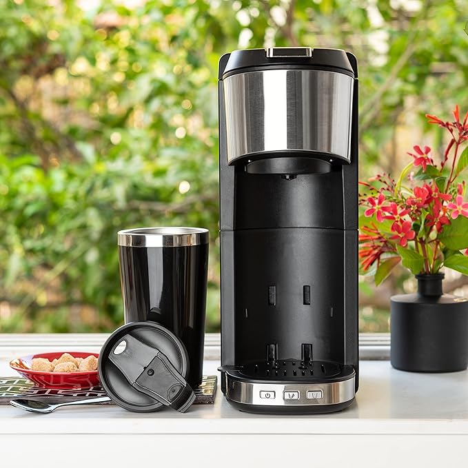 Mixpresso Coffee Maker Single Serve For Ground Coffee &amp Compatible With K Cup Pods With 14oz Travel Mug &amp Reusable Filter For Home Office &amp Camping 30oz Removable Water Tank.