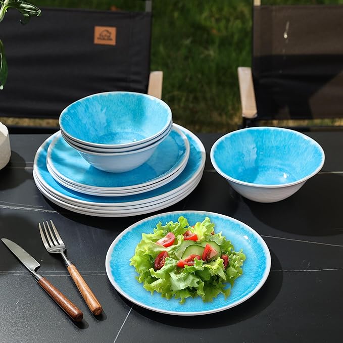 Melamine Dinnerware Sets 12 Pcs Melamine Plates and BowlsParty Plates and Bowls Sets Camping Dishes Set for 4 Unbreakable BPA Free Dishwasher Safe (Lake blue)