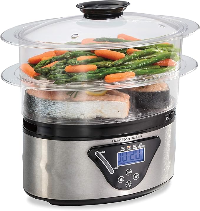 Hamilton Beach Digital Electric Food Steamer &amp Rice Cooker for Quick Healthy Cooking for Vegetables and Seafood &amp Dual Breakfast Sandwich Maker with Timer Silver (25490A)
