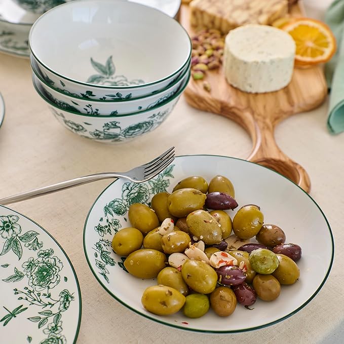 Stone Lain Esme 32-Piece Dinnerware Set Porcelain Plates and Bowls Set Cereal and Patsa Bowls Dish Set for 8 Green