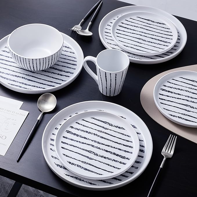 Stone Lain Nova Modern Stoneware Dinnerware Set Plates and Bowls Set 16-Piece Dish Set Service for 4 Black
