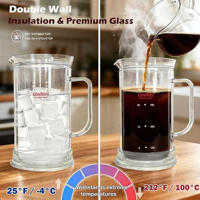 34-Ounce plastic free French Press Coffee Maker Double Wall Glass coffee press Stainless Steel Filter and Shaft Bamboo Knob and Lid Heat-Resistant tea french press no plastic large tea maker
