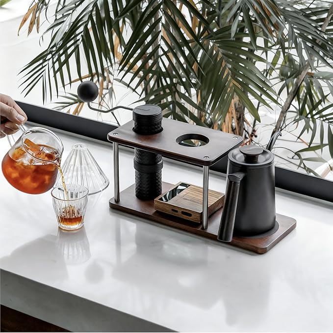 Pour Over Coffee Station Solid Sapele Wood &amp Stainless Steel Dual Dripper Stand Coffee Organizer (Dark Wood)