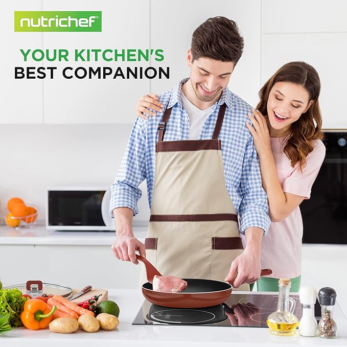 NutriChef Space Saver 17-Piece Nonstick Cookware Set - Brown Pots and Pans with Stackable Design Foldable Handles Induction Ready