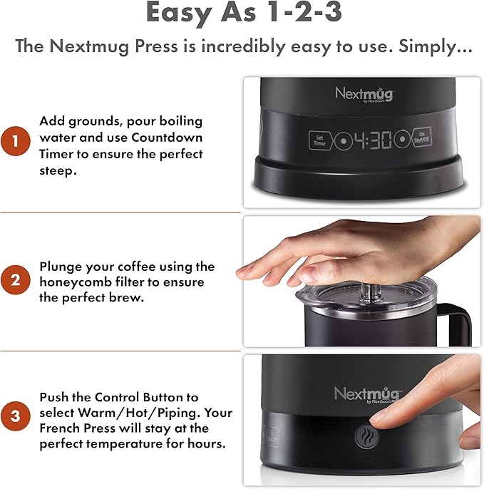 Nextmug Press - Temperature-Controlled Self-Heating French Press (Black - 40 oz.)