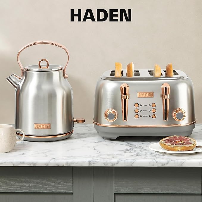 Haden Heritage 4 Slice Wide Slot Stainless Steel Toaster Bundled with 1.7 Liter Stainless Steel Electric Water Kettle Steel &amp Copper