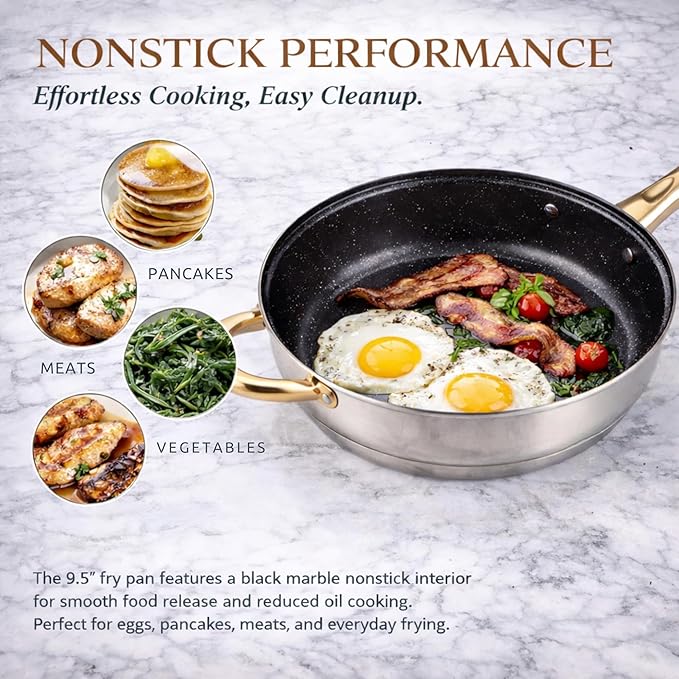 Alpine Cuisine 12-Piece Stainless Steel Cookware Set with Blue Glass Lids &amp Gold Handles – Nonstick Fry Pan Stock Pot &amp Sauce Pots – Induction Compatible Mirror Polish Kitchen Cooking Set