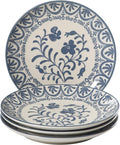 Bloomhouse - 2-Time Oprah’s Favorite Things - Valencia Flor 4 Piece 10.75” Dinner Plate Set Stoneware Plates Mediterranean Floral Decal Design Microwave &amp Dishwasher Safe Iris Blue