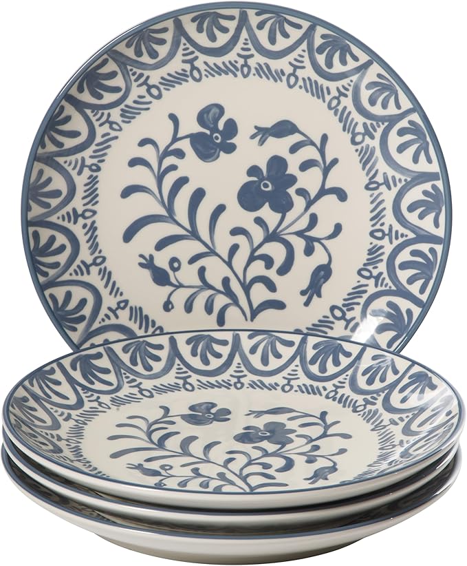 Bloomhouse - 2-Time Oprah’s Favorite Things - Valencia Flor 4 Piece 10.75” Dinner Plate Set Stoneware Plates Mediterranean Floral Decal Design Microwave &amp Dishwasher Safe Iris Blue