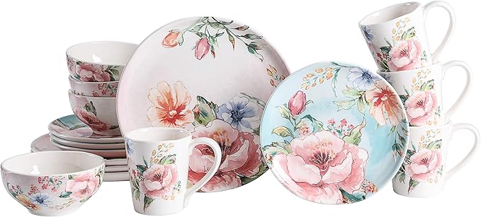 Bico Margret's Garden Ceramic 16 pcs Dinnerware Set Service for 4 Inclusive of 11 inch Dinner Plates 8.75 inch Salad Plates 24oz Cereal Bowls and Mugs for Party Microwave &amp Dishwasher Safe