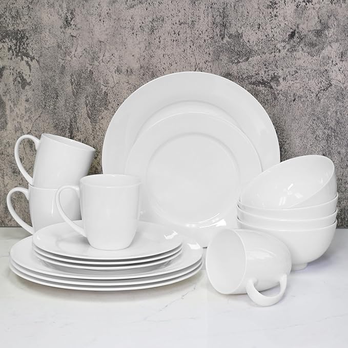 Bone China 16 Piece Dinnerware Set Service for 4 White Microwave Safe Dishwasher SafeChip Resistant Translucent Elegant giftware Dish set For Essential Home Everyday Living Kitchen Set