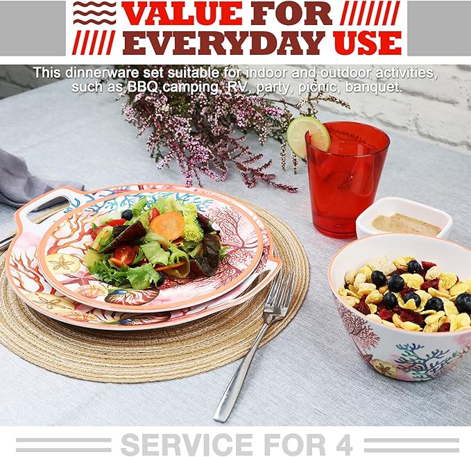 Melamine Dinnerware Set for 4-16 Pcs:Camping Dishes Set with Dinner PlatesSalad PlatesCups and Bowls.Lightweight and Unbreakable.Indoor and Outdoor Use.
