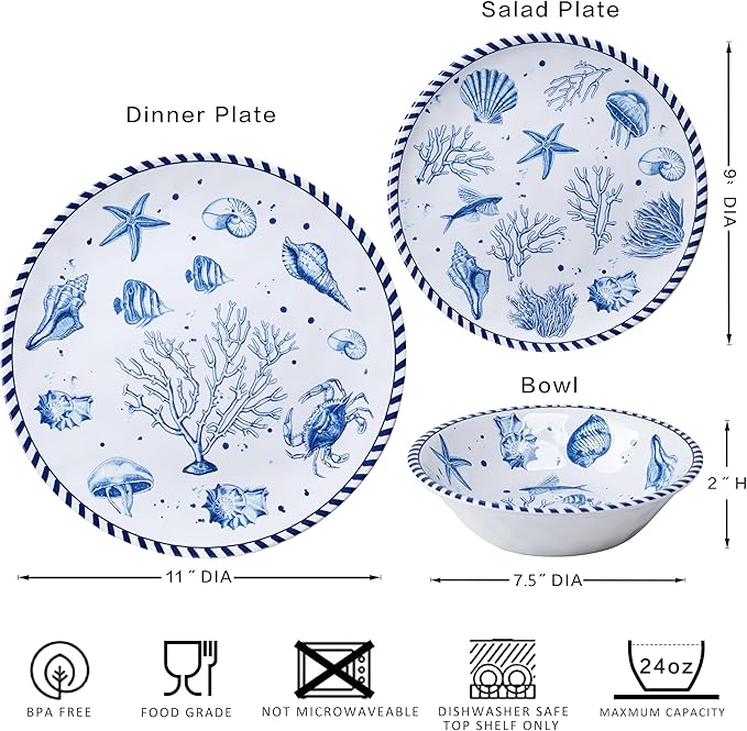 LEHAHA 12-Piece Coastal Melamine Dinnerware Set Service for 4 Unbreakable &amp Lightweight Round Plates and Bowls Set Outdoor Dish Set for Patio Camper RV Indoor Outdoor Use with Ocean Printed