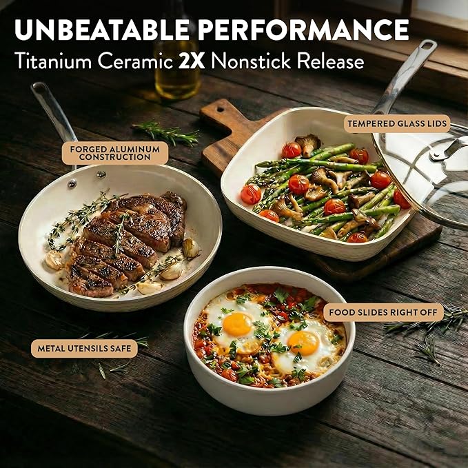 GOTHAM STEEL Hammered 20Pcs Ceramic Cookware Set Nonstick Induction Pots and Pans Set Non Stick with Deep Fry Pan Steamer and Bakeware Non Toxic PFOA PFOS Free Oven &amp Dishwasher Safe