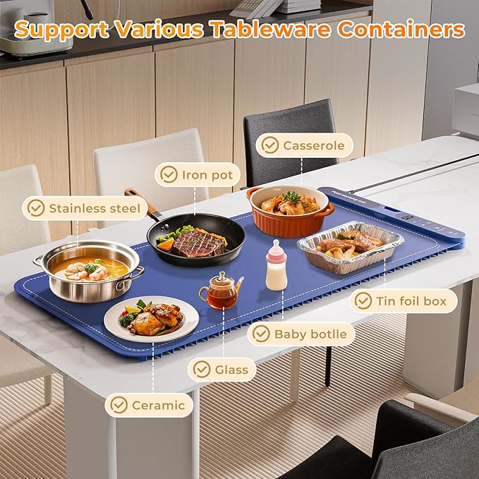 Warming Mat for Food Extra Large 32x15 Electric Silicone Food Warmer Trays for Chafing Dishes &amp BuffetPortable Countertop Food Warmers for Parties 7-Level Temp 8-Hour Timer Blue