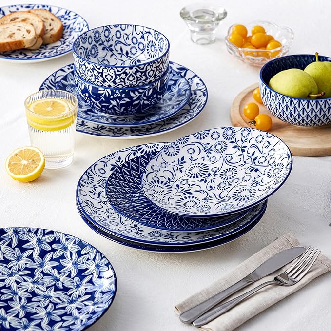 vancasso SELENE Plates and Bowls Set for 4 12 Pieces Dinnerware Sets Mircowave and Dishwasher Safe Dishes Set Porcelain Blue Dinnerware