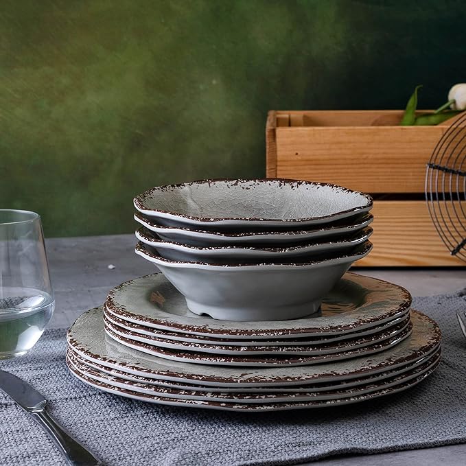 LEHAHA Farmhouse Melamine Dishes Dinnerware Set 12 Piece Rustic Plates and Bowls Great for Picnic Camping Service for 4 Reusable and Dishwasher Safe Indoor and Outdoor Use