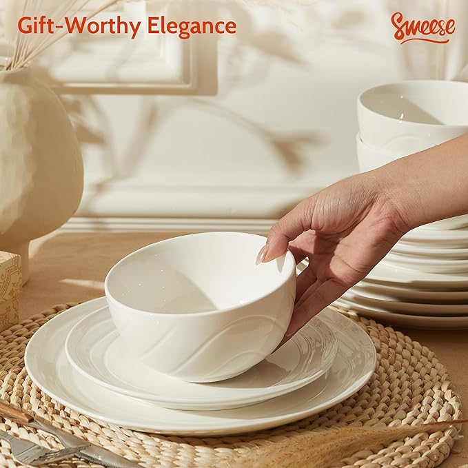 Sweese Porcelain Dinnerware Sets for 6 18 Pieces Ceramic Plates and Bowls Sets Handcrafted Minimalist Dinner Set Chip and Scratch Resistant Dish Set Dishwasher &amp Microwave Safe White