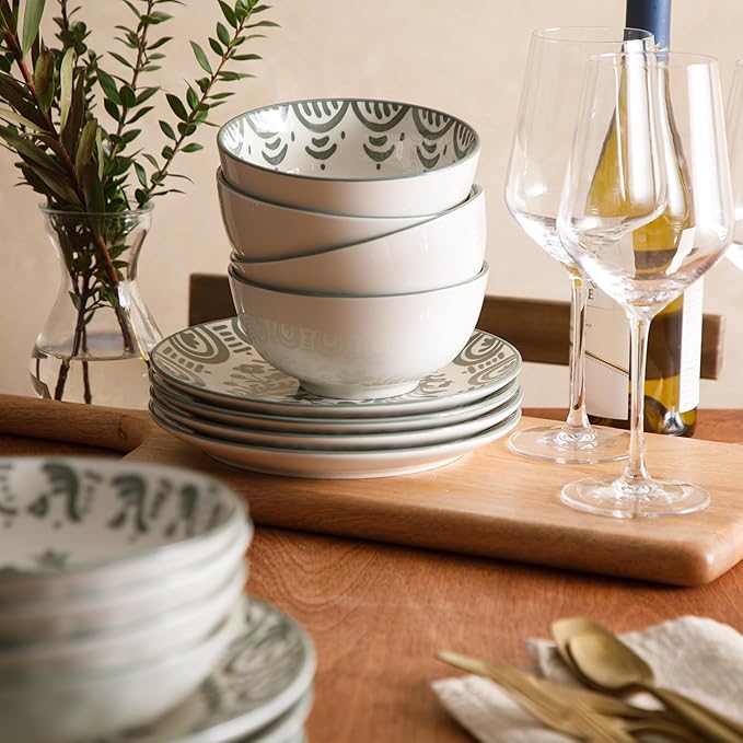 Bloomhouse - 2-Time Oprah’s Favorite Things - Valencia Flor 16 Piece Dinnerware Set Artisanal Decorated Stoneware Plates &amp Bowls Service for 4 Microwave &amp Dishwasher Safe Fern Green