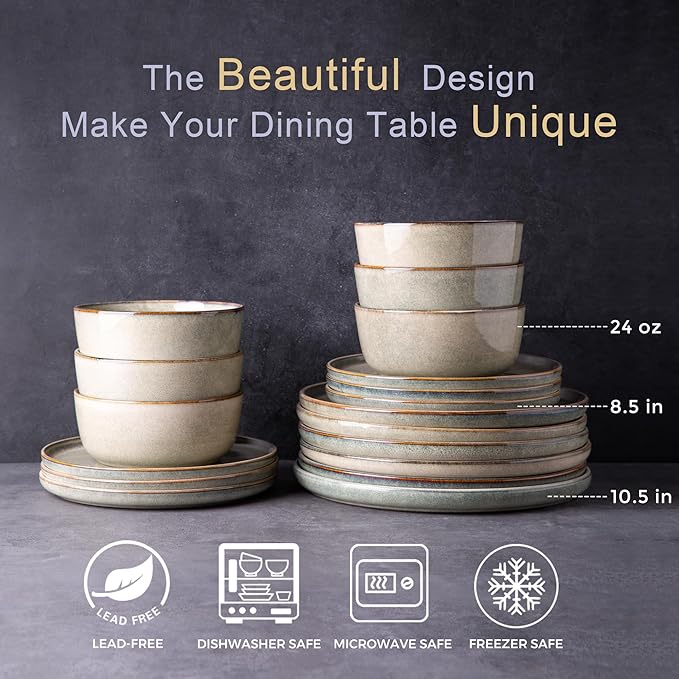 AmorArc 24PCS Ceramic Dinnerware SetsHandmade Reactive Glaze Plates and Bowls SetsHighly Chip and Crack Resistant | Dishwasher &amp Microwave Safe Dishes Set Service for 4 (24pc)