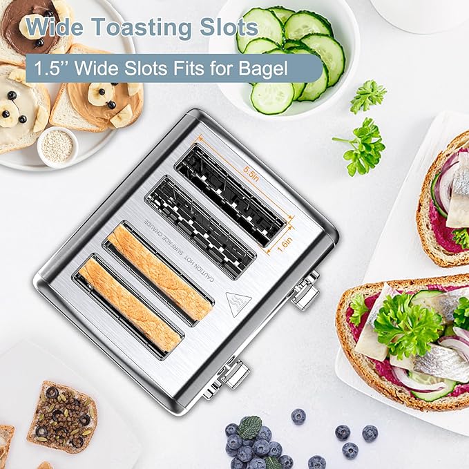 Toaster 4 Slice KitchMix Bagel Stainless Toaster with LCD Timer Extra Wide Slots Dual Screen Removal Crumb Tray (Stinless steel)