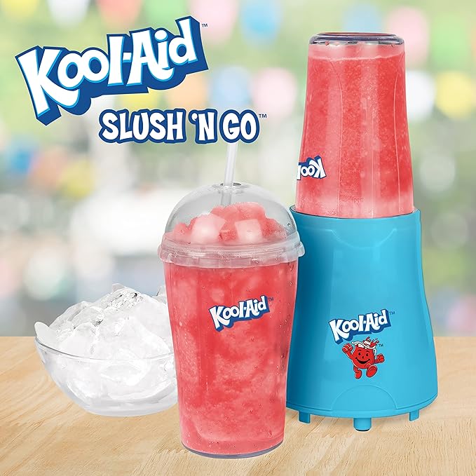 Nostalgia Kool-Aid Slush ‘N Go Personal Blender for Smoothies Slushies Shakes and Fruit Blends Includes Two 15 Oz Travel Bottles Cup Lid and Reusable Straw Blue