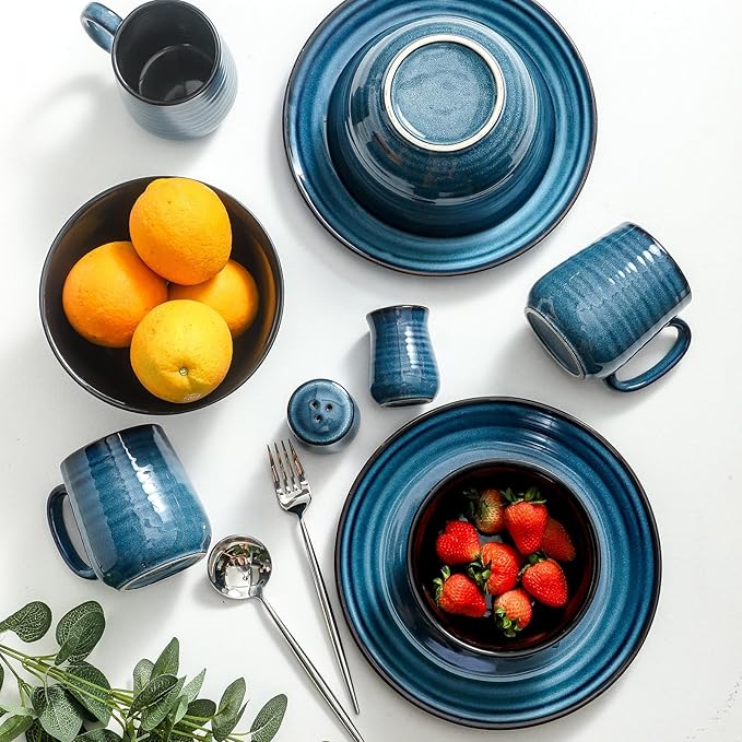 Hasense 12-Piece Porcelain Kitchen Dinnerware Set with Plates Bowls and Mugs Service for 4 Handmade Reactive Glaze Dishes Set Chip Resistant and Scratch Resistant Dishwasher Microwave Safe Blue