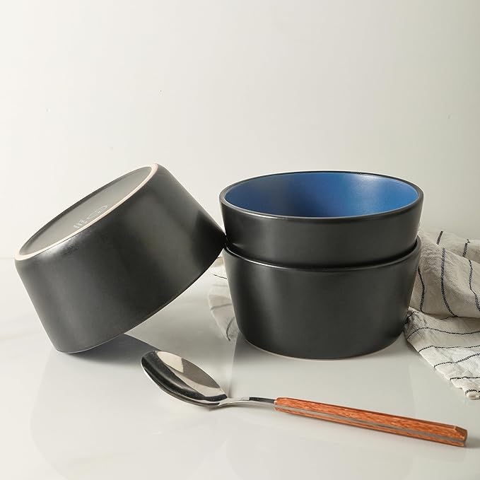 Stone Lain Albie Stoneware 16-Piece Modern Dinnerware Set Kitchen Plates and Bowls Sets Service for 4 Blue and Black Microwave &amp Dishwasher Safe