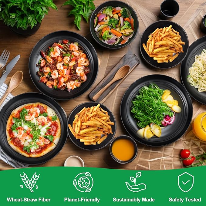 LIYH 16 Pcs Black Wheat Straw Dinnerware Set - Unbreakable Plates and Bowls Sets Dish Sets for 4 Black Plastic Dinnerware Set Include Wheat Straw Dinner Plates Bowls Cups Kitchen &amp Camping