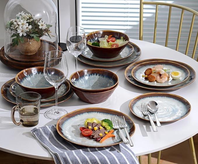 Melamine Dinnerware Sets12Pcs Plate and Bowl SetUnbreakable and Lightweight Dish SetGreat for Camping and RVBPA freeDishwasher Safe(Sandy Brown)