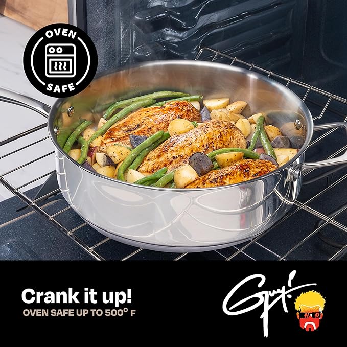 Guy Fieri's Flavortown 5 Qt. Stainless Steel Sautepan with Lid - Premium Three-Layer Cookware Oven-Safe up to 500F