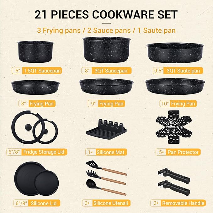 Ammeloo 21 Pcs Pots and Pans Set Non Stick Ceramic Kitchen Cookware Set with Detachable Handle Non Toxic Cooking Set for Kitchen RV Camping and Fridge Induction Ready Dishwasher/Oven Safe Black