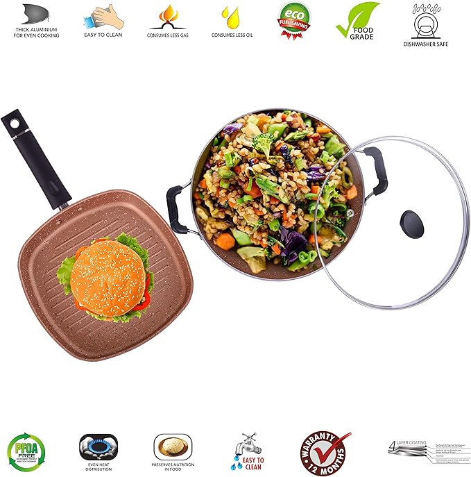 Sumeet Nonstick Granite Finish 2pc SPLENDOR Cookware set (Grill Pan 22cm Dia + Kadhai With Glass Lid - 2.5 Ltr Capacity - 24.5cm Dia)