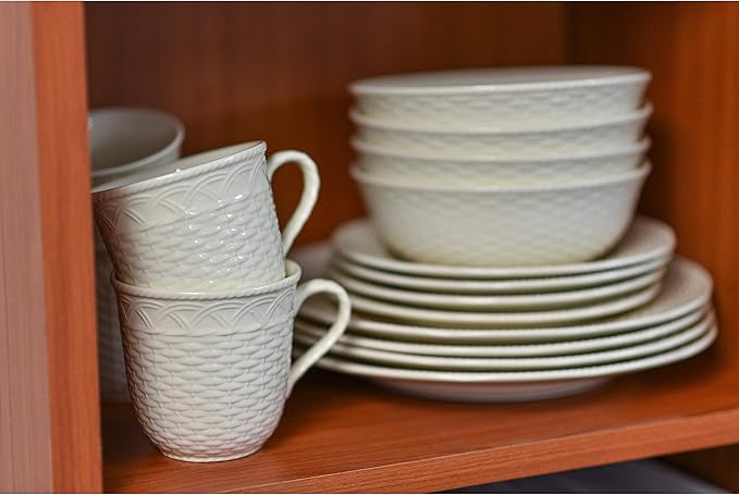 Unknown1 White 16pc Dinner Set Textured Casual Modern Contemporary Round Stoneware 16 Piece Dishwasher Safe Microwave