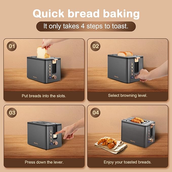 Mecity Toaster 2 Slice Stainless Steel Body Timer Bagel/Defrost/Reheat/Cancel FunctionsWarming Rack Removable Tray 6 Browning Settings Extra Wide Slots Bread Toaster 120V 800W Grey