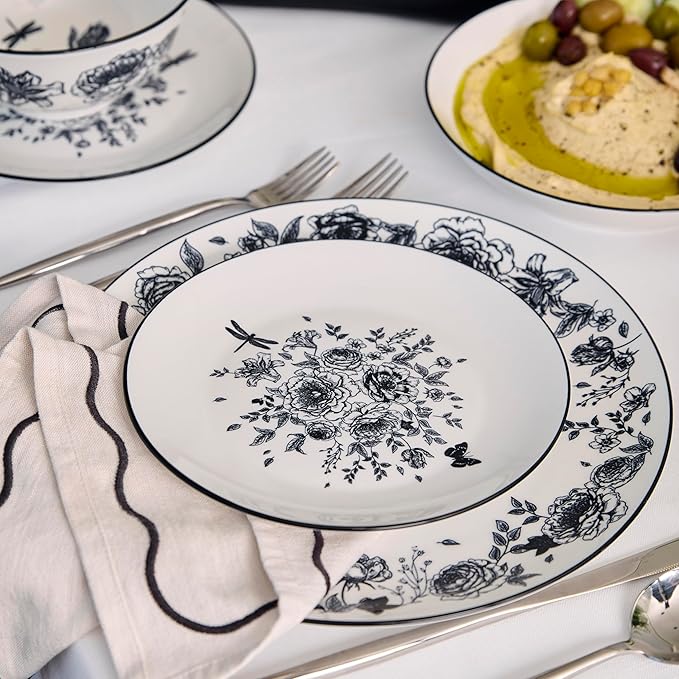 Stone Lain Esme 16-Piece Dinnerware Set Porcelain Plates and Bowls Set Dish Set for 4 Cereal and Pasta Bowls Microwave and Dishwasher Safe Black