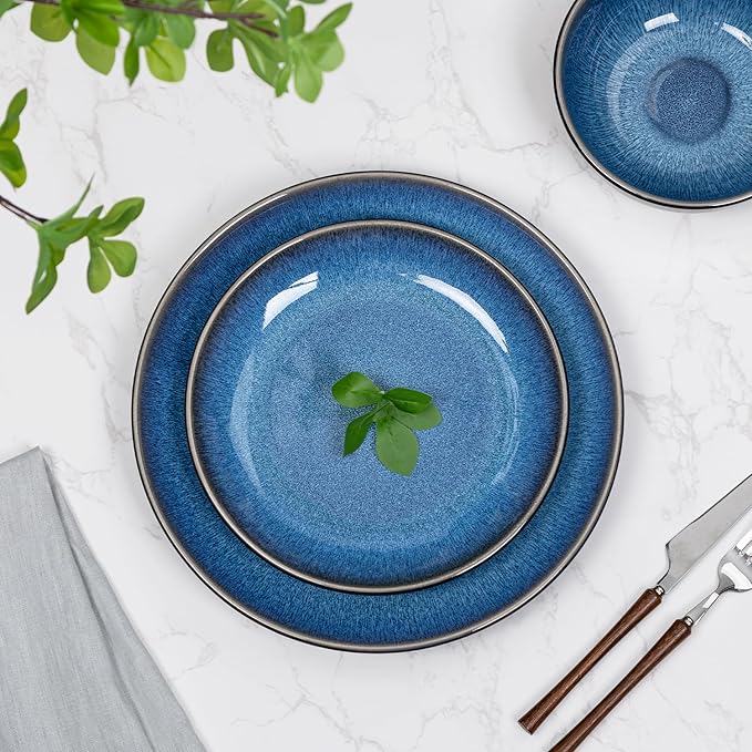 Plates and Bowls Sets for 4 - CJDC-QUELO 12-Piece Stoneware Dinnerware Sets Ceramic Dishware Set for Kitchen Use and Formal Dining Chip and Scratch Resistant Microwave Dishwasher Safe Blue