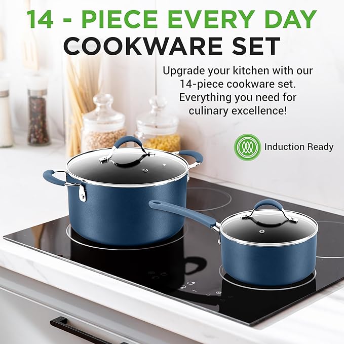 NutriChef High-Qualified Basic Kitchen Pots and Pans Set 14 Piece Induction Compatible Nonstick Cookware Set- Non Toxic Free of PTFE PFOA PFOS Easy Clean and Release One Size Blue